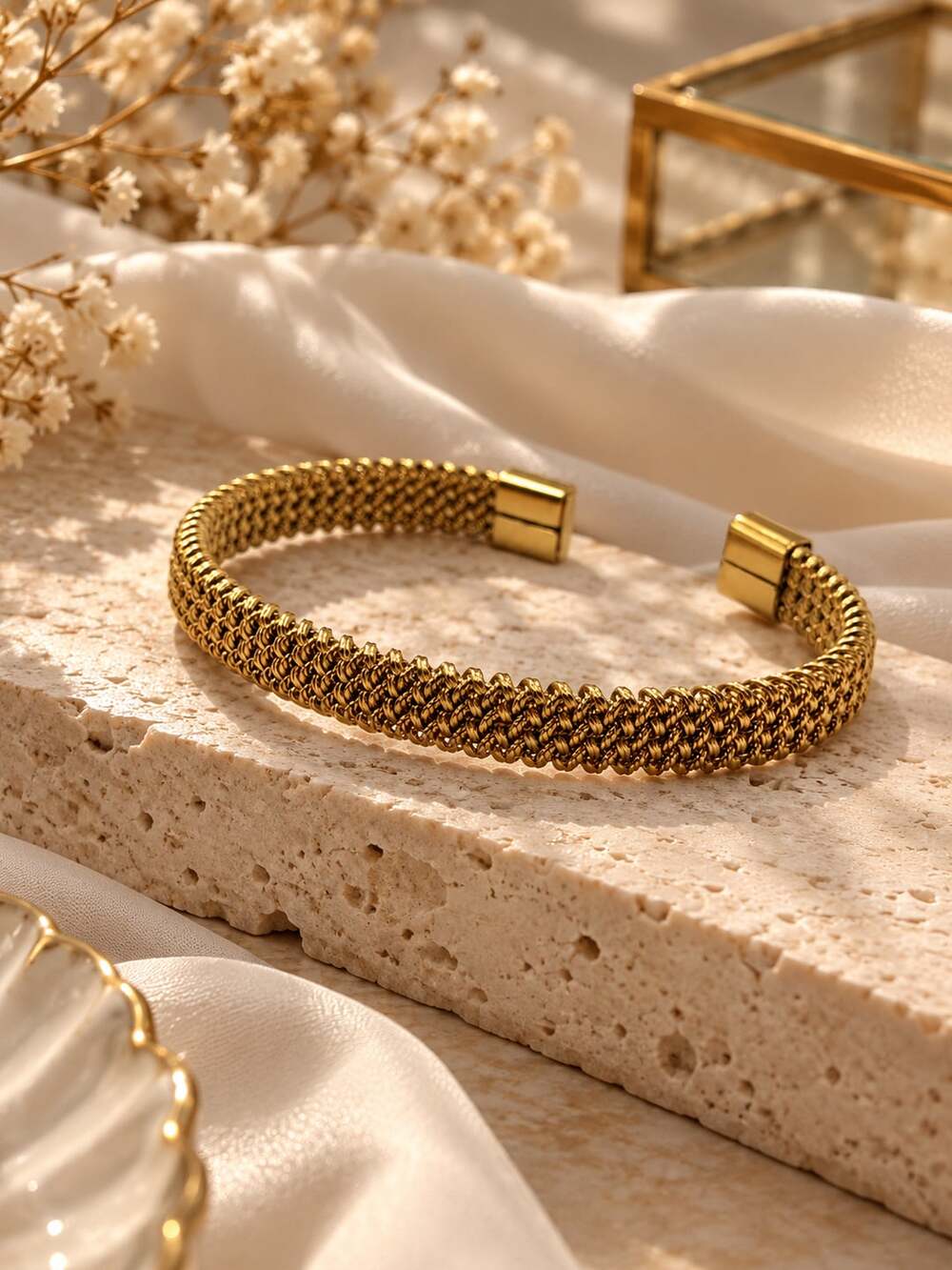 Minimalist Vintage Braided Stainless Steel Cuff Bracelet Gold